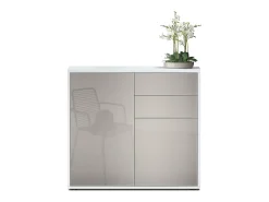 Vladon Cajonera Ben, Cómoda con 2 Puertas y 2 Cajones Blanco mate/Gris arena de alto brillo (79 x 74 x 36 cm)
