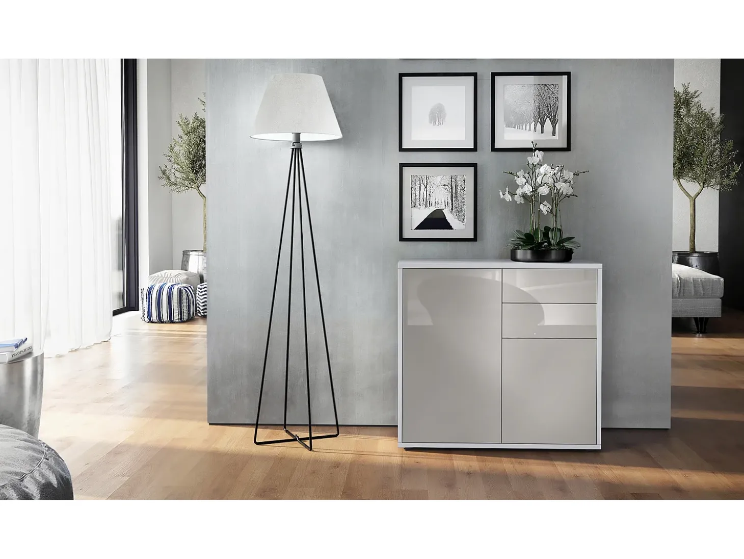 Vladon Cajonera Ben, Cómoda con 2 Puertas y 2 Cajones Blanco mate/Gris arena de alto brillo (79 x 74 x 36 cm)