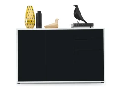 Vladon Cajonera Ben V3, Cómoda con 3 Puertas y 2 Cajones, Blanco mate/Negro mate (117 x 74 x 36 cm)
