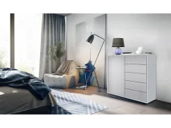Vladon Cajonera Ben V2, Cómoda con 1 Puerta y 5 Cajones, Blanco mate/Gris claro satinado (79 x 74 x 36 cm)