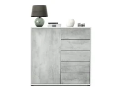 Vladon Cajonera Ben V2, Cómoda con 1 Puerta y 5 Cajones, Blanco mate/Hormigón oxidado (79 x 74 x 36 cm)