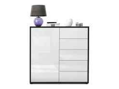 Vladon Cajonera Ben V2, Cómoda con 1 Puerta y 5 Cajones, Negro mate/Blanco de alto brillo (79 x 74 x 36 cm)