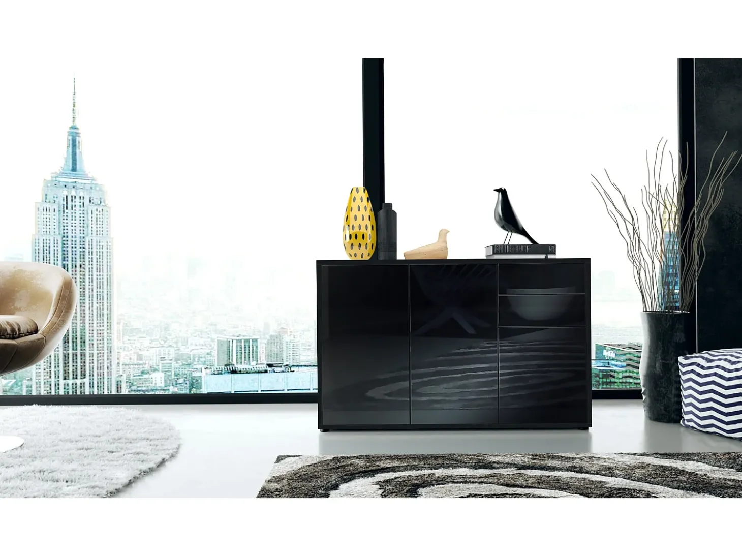 Vladon Cajonera Ben V3, Cómoda con 3 Puertas y 2 Cajones, Negro mate/Negro mate (117 x 74 x 36 cm)