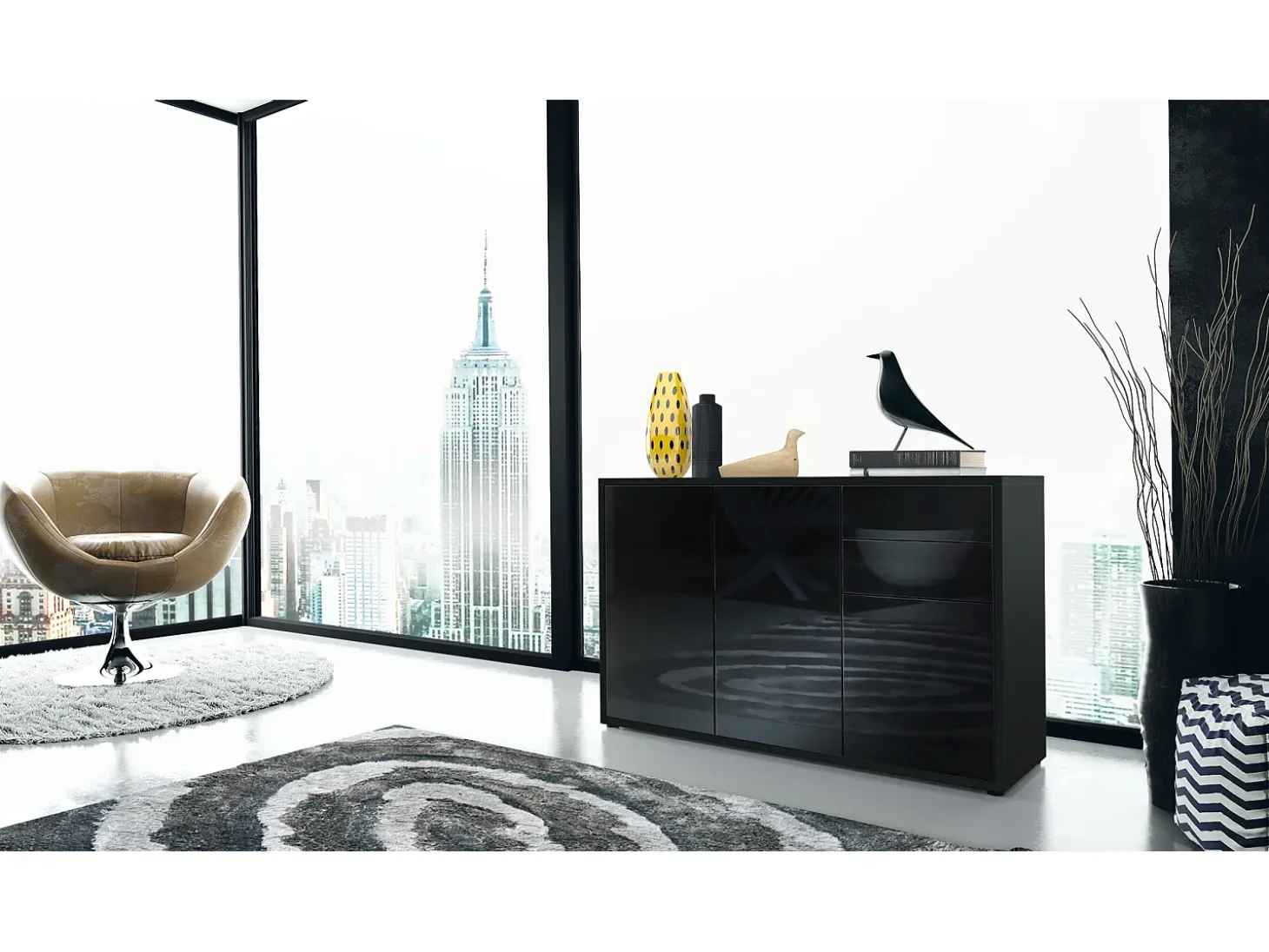 Vladon Cajonera Ben V3, Cómoda con 3 Puertas y 2 Cajones, Negro mate/Negro mate (117 x 74 x 36 cm)