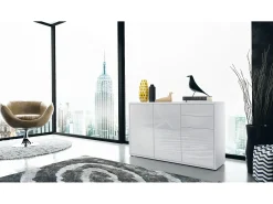Vladon Cajonera Ben V3, Cómoda con 3 Puertas y 2 Cajones, Blanco mate/Blanco de alto brillo (117 x 74 x 36 cm)