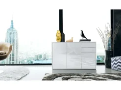Vladon Cajonera Ben V3, Cómoda con 3 Puertas y 2 Cajones, Blanco mate/Blanco de alto brillo (117 x 74 x 36 cm)
