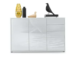 Vladon Cajonera Ben V3, Cómoda con 3 Puertas y 2 Cajones, Blanco mate/Blanco de alto brillo (117 x 74 x 36 cm)