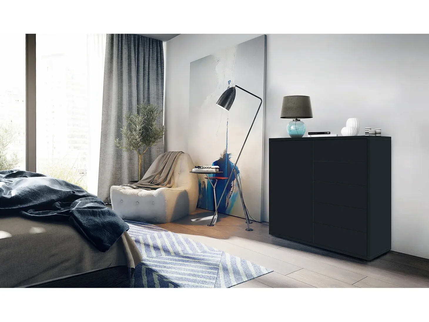 Vladon Cajonera Ben V2, Cómoda con 1 Puerta y 5 Cajones, Negro mate/Negro mate (79 x 74 x 36 cm)
