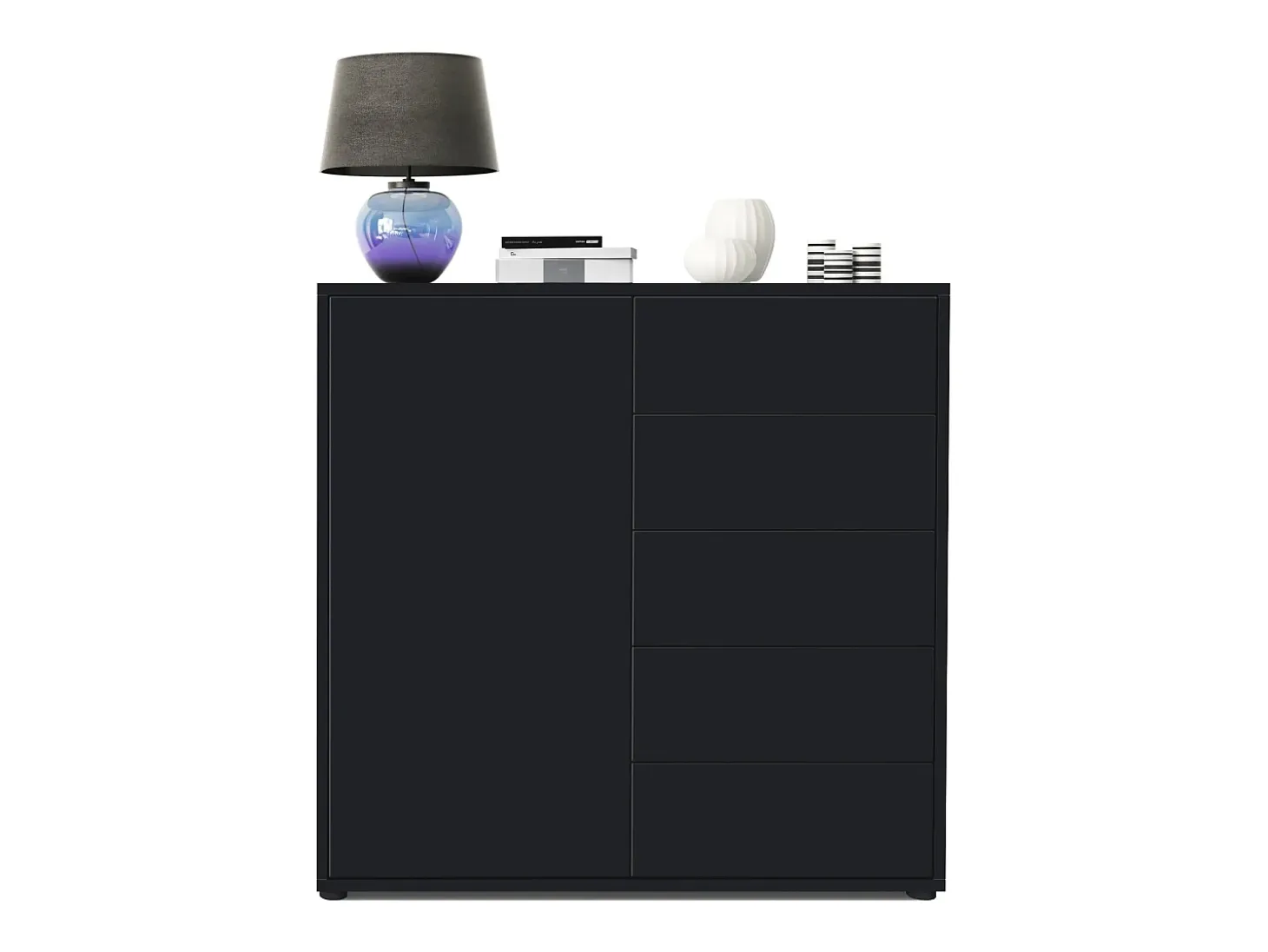Vladon Cajonera Ben V2, Cómoda con 1 Puerta y 5 Cajones, Negro mate/Negro mate (79 x 74 x 36 cm)