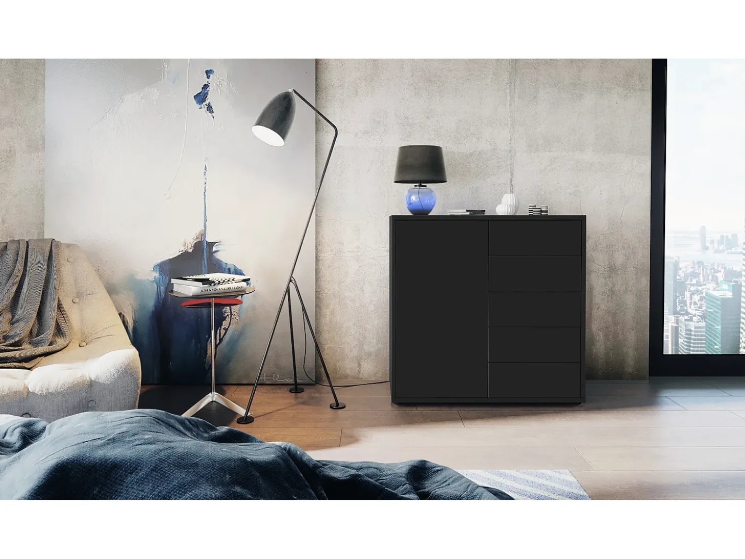Vladon Cajonera Ben V2, Cómoda con 1 Puerta y 5 Cajones, Negro mate/Negro mate (79 x 74 x 36 cm)