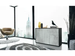 Vladon Cajonera Ben V3, Cómoda con 3 Puertas y 2 Cajones, Negro mate/Hormigón oxidado (117 x 74 x 36 cm)