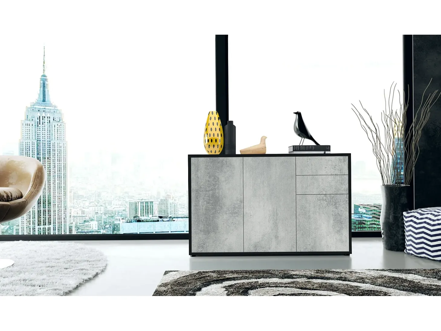 Vladon Cajonera Ben V3, Cómoda con 3 Puertas y 2 Cajones, Negro mate/Hormigón oxidado (117 x 74 x 36 cm)