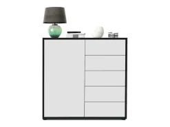 Vladon Cajonera Ben V2, Cómoda con 1 Puerta y 5 Cajones, Negro mate/Blanco mate (79 x 74 x 36 cm)