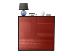 Vladon Cajonera Ben V2, Cómoda con 1 Puerta y 5 Cajones, Negro mate/Burdeos de alto brillo (79 x 74 x 36 cm)
