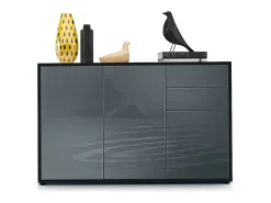 Vladon Cajonera Ben V3, Cómoda con 3 Puertas y 2 Cajones, Negro mate/Gris de alto brillo (117 x 74 x 36 cm)
