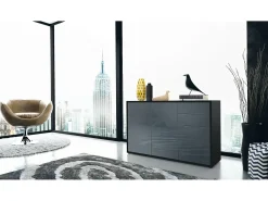Vladon Cajonera Ben V3, Cómoda con 3 Puertas y 2 Cajones, Negro mate/Gris de alto brillo (117 x 74 x 36 cm)