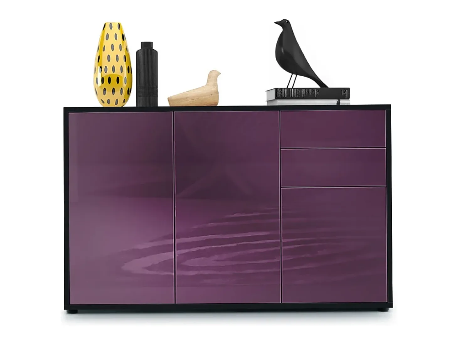 Vladon Cajonera Ben V3, Cómoda con 3 Puertas y 2 Cajones, Negro mate/Zarzamora de alto brillo (117 x 74 x 36 cm)
