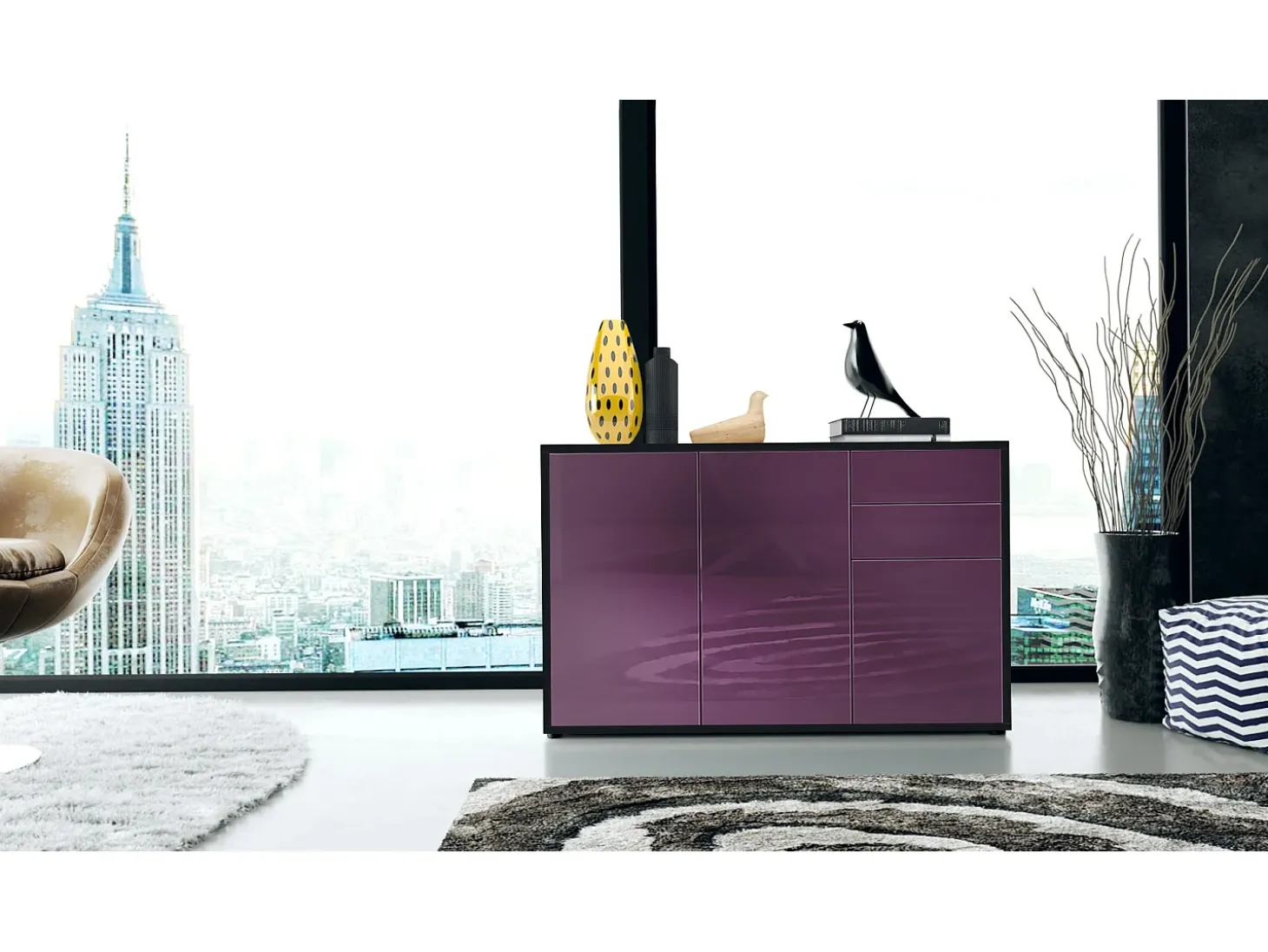 Vladon Cajonera Ben V3, Cómoda con 3 Puertas y 2 Cajones, Negro mate/Zarzamora de alto brillo (117 x 74 x 36 cm)