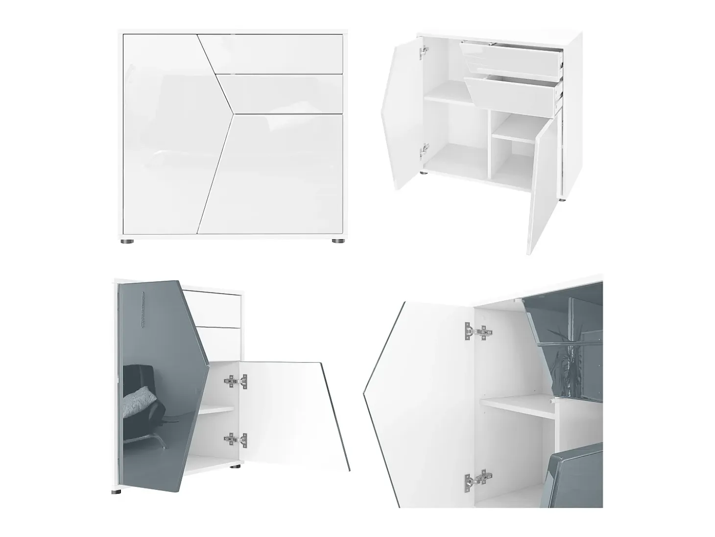 Vladon Cajonera Benny, Cómoda con 2 Puertas y 2 Cajones, Blanco mate/Blanco de alto brillo (79 x 74 x 36 cm)