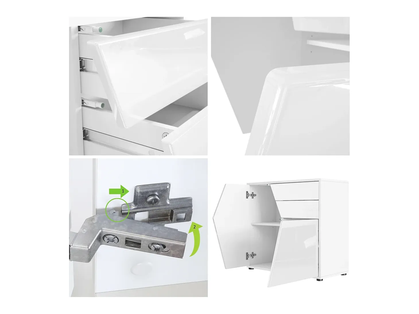 Vladon Cajonera Benny, Cómoda con 2 Puertas y 2 Cajones, Blanco mate/Blanco de alto brillo (79 x 74 x 36 cm)
