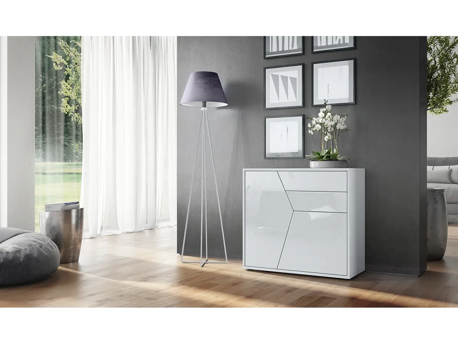 Vladon Cajonera Benny, Cómoda con 2 Puertas y 2 Cajones, Blanco mate/Blanco de alto brillo (79 x 74 x 36 cm)