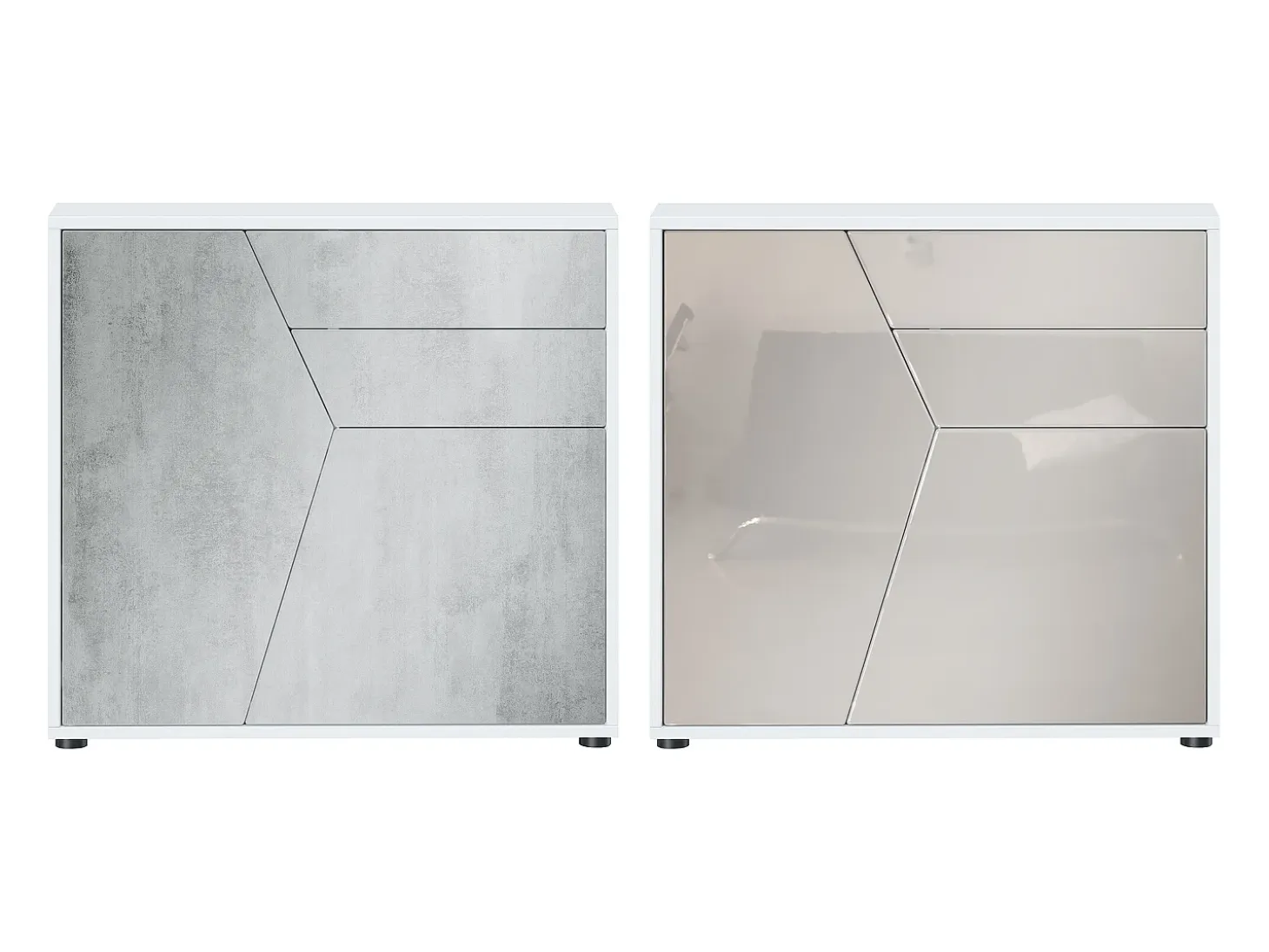 Vladon Cajonera Benny, Cómoda con 2 Puertas y 2 Cajones, Blanco mate/Gris arena de alto brillo (79 x 74 x 36 cm)
