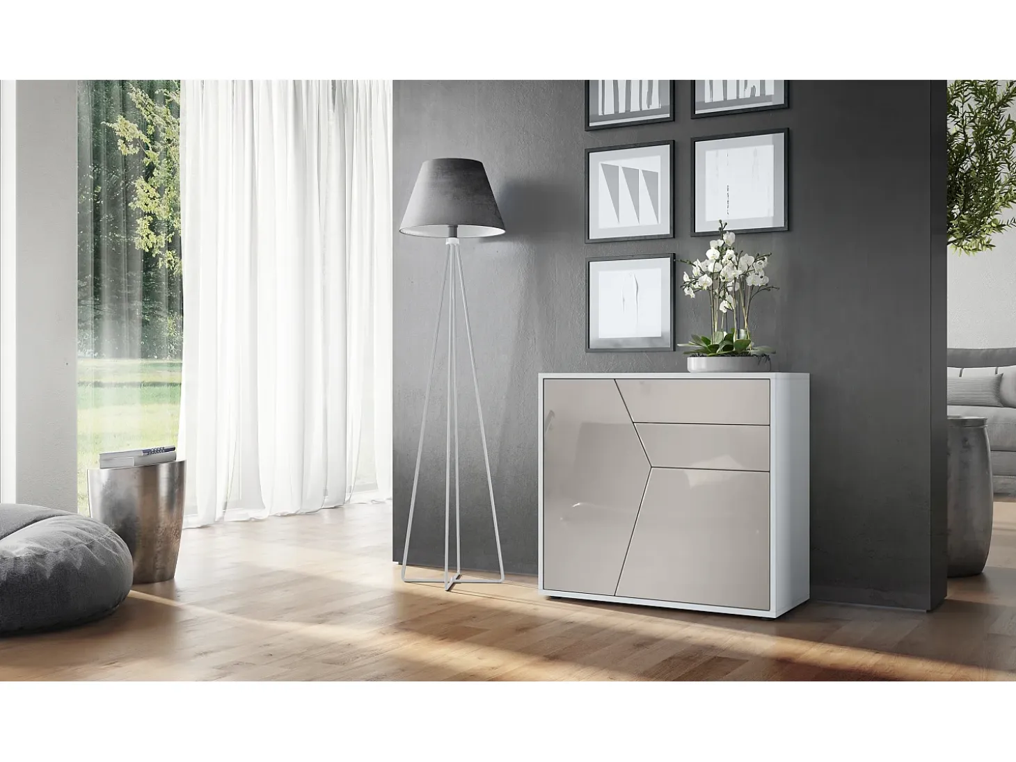 Vladon Cajonera Benny, Cómoda con 2 Puertas y 2 Cajones, Blanco mate/Gris arena de alto brillo (79 x 74 x 36 cm)