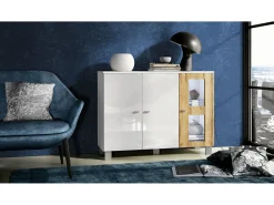 Vladon Cajonera Denjo, Cómoda con 3 Puertas, Blanco mate/Blanco de alto brillo/Roble natural, incluida iluminación LED (107 x 81 x 35 cm)