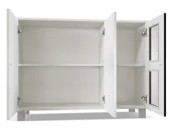 Vladon Cajonera Denjo, Cómoda con 3 Puertas, Blanco mate/Blanco de alto brillo/Roble natural, incluida iluminación LED (107 x 81 x 35 cm)