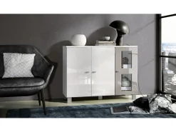 Vladon Cajonera Denjo, Cómoda con 3 Puertas, Blanco mate/Blanco de alto brillo/Gris arena de alto brillo (107 x 81 x 35 cm)