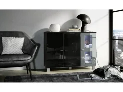 Vladon Cajonera Denjo, Cómoda con 3 Puertas, Negro mate/Negro de alto brillo/Gris de alto brillo, incluida iluminación LED (107 x 81 x 35 cm)
