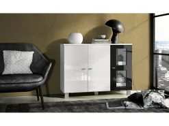 Vladon Cajonera Denjo, Cómoda con 3 Puertas, Blanco mate/Blanco de alto brillo/Negro de alto brillo (107 x 81 x 35 cm)