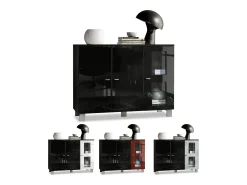 Vladon Cajonera Denjo, Cómoda con 3 Puertas, Negro mate/Negro de alto brillo/Hormigón oxidado, incluida iluminación LED (107 x 81 x 35 cm)