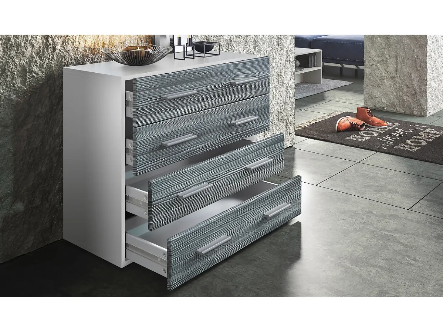 Vladon Cajonera Pavos, Cómoda con 4 Cajones, blanco mate/gris arena de alto brillo (76 x 72 x 35 cm)