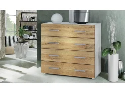 Vladon Cajonera Pavos, Cómoda con 4 Cajones, blanco mate/roble natural (76 x 72 x 35 cm)