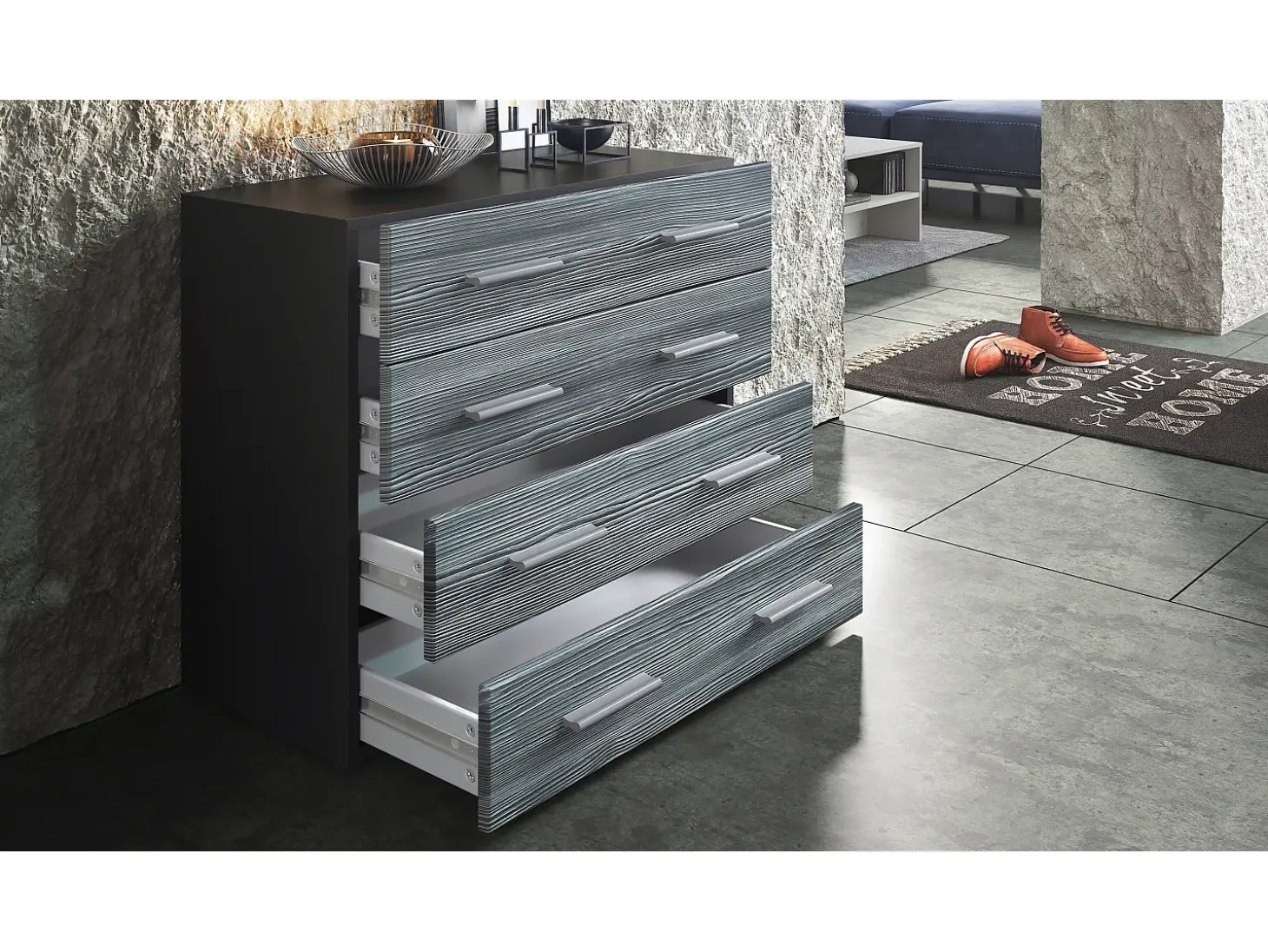 Vladon Cajonera Pavos, Cómoda con 4 Cajones, negro mate/gris de alto brillo (76 x 72 x 35 cm)