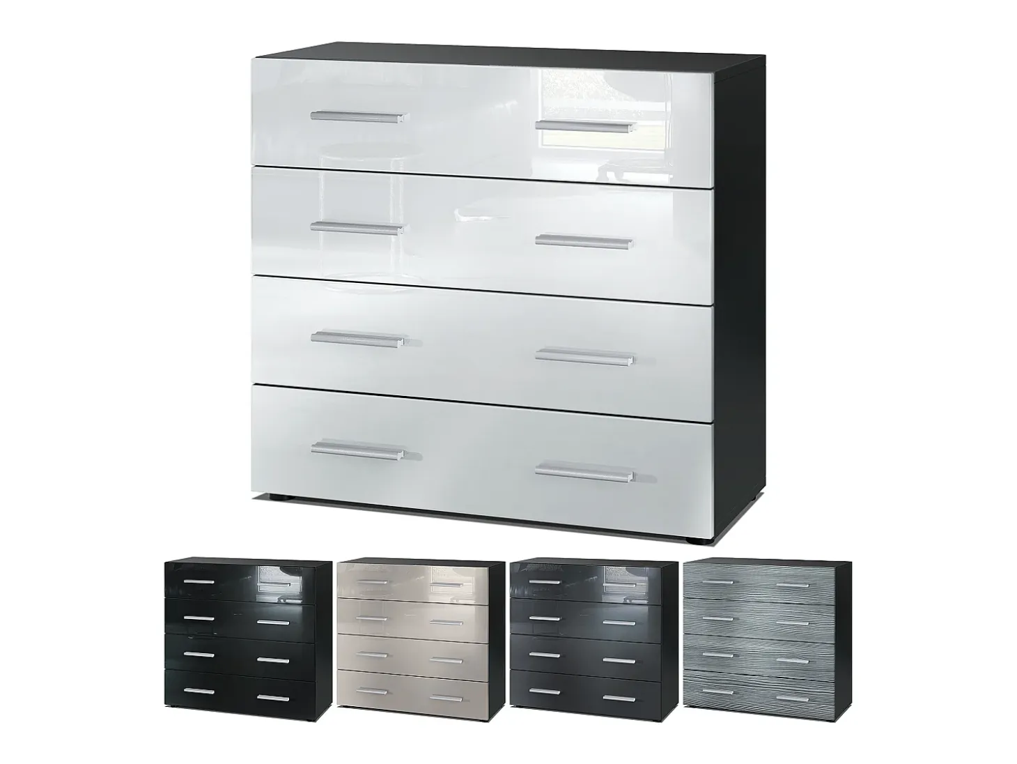 Vladon Cajonera Pavos, Cómoda con 4 Cajones, negro mate/gris de alto brillo (76 x 72 x 35 cm)