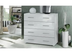 Vladon Cajonera Pavos, Cómoda con 4 Cajones, blanco mate/blanco de alto brillo (76 x 72 x 35 cm)