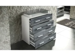 Vladon Cajonera Pavos V2, Cómoda con 4 Cajones y estante de cristal, blanco mate/hormigón oxidado (76 x 81 x 35 cm)