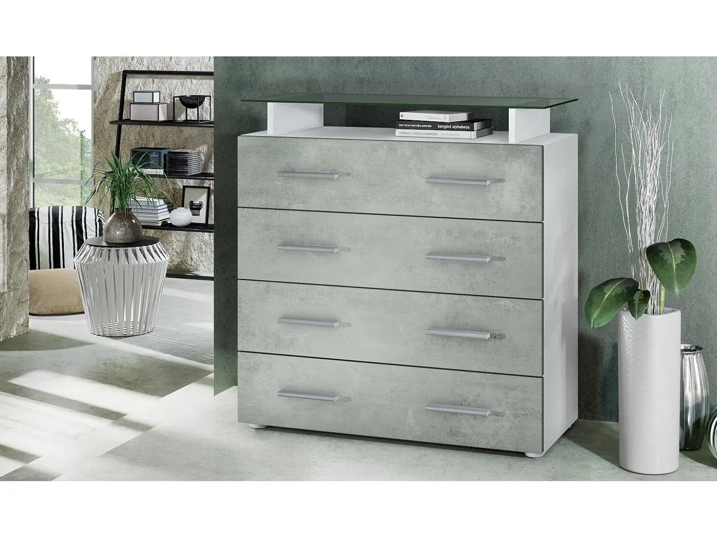 Vladon Cajonera Pavos V2, Cómoda con 4 Cajones y estante de cristal, blanco mate/hormigón oxidado (76 x 81 x 35 cm)