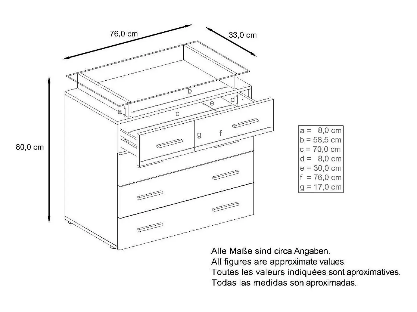 Vladon Cajonera Pavos V2, Cómoda con 4 Cajones y estante de cristal, blanco mate/hormigón oxidado (76 x 81 x 35 cm)