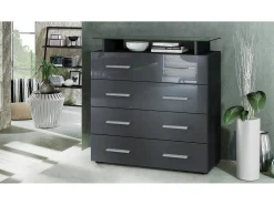 Vladon Cajonera Pavos V2, Cómoda con 4 Cajones y estante de cristal, negro mate/gris de alto brillo (76 x 81 x 35 cm)