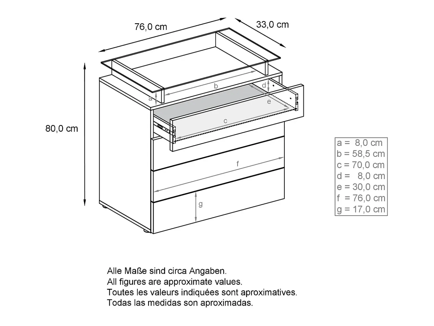 Vladon Cajonera Pavos V2, Cómoda con 4 Cajones y estante de cristal, antracita mate/antracita mate (76 x 81 x 35 cm)