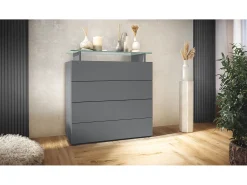 Vladon Cajonera Pavos V2, Cómoda con 4 Cajones y estante de cristal, antracita mate/antracita mate (76 x 81 x 35 cm)