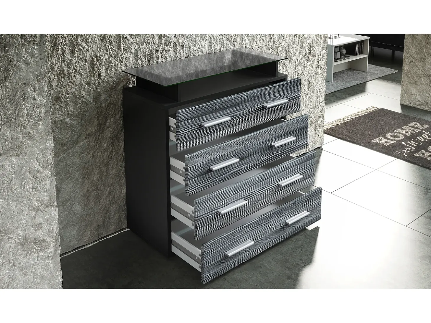 Vladon Cajonera Pavos V2, Cómoda con 4 Cajones y estante de cristal, negro mate/blanco de alto brillo (76 x 81 x 35 cm)