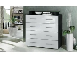 Vladon Cajonera Pavos V2, Cómoda con 4 Cajones y estante de cristal, negro mate/blanco de alto brillo (76 x 81 x 35 cm)