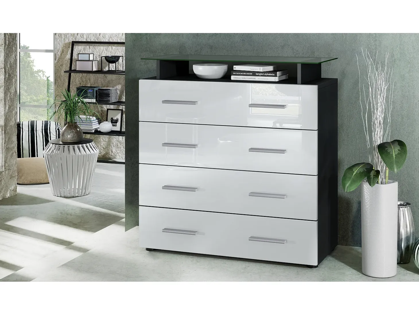 Vladon Cajonera Pavos V2, Cómoda con 4 Cajones y estante de cristal, negro mate/blanco de alto brillo (76 x 81 x 35 cm)