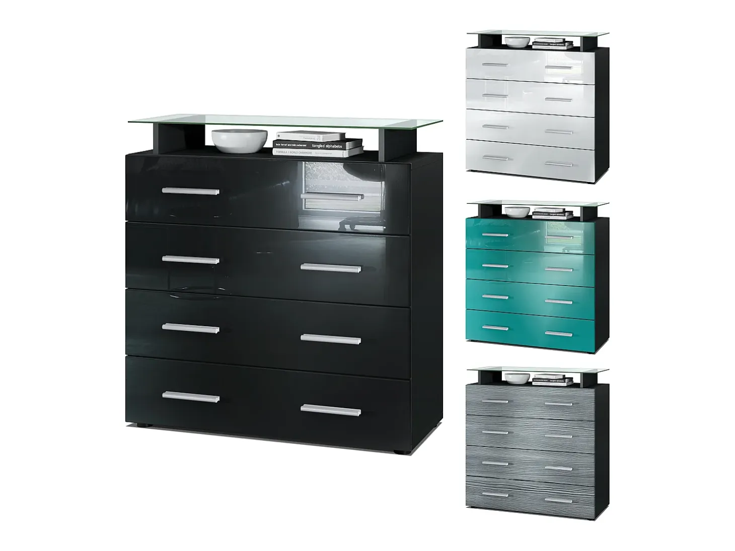Vladon Cajonera Pavos V2, Cómoda con 4 Cajones y estante de cristal, negro mate/zarzamora de alto brillo (76 x 81 x 35 cm)
