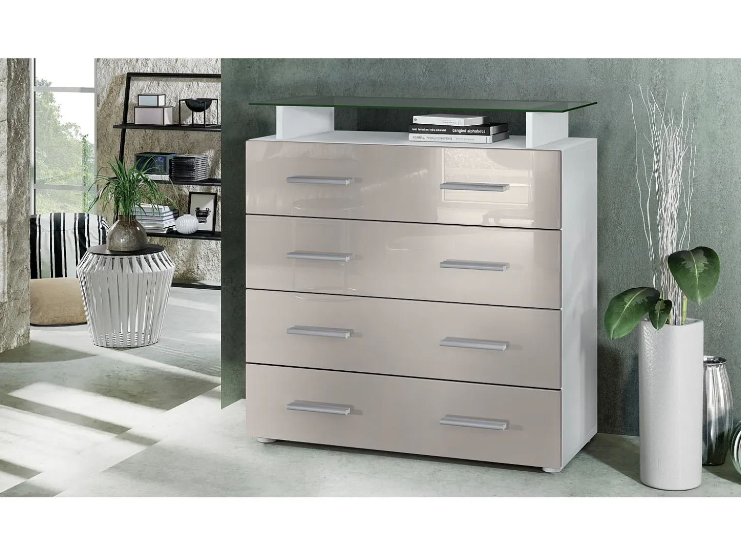 Vladon Cajonera Pavos V2, Cómoda con 4 Cajones y estante de cristal, blanco mate/gris arena de alto brillo (76 x 81 x 35 cm)