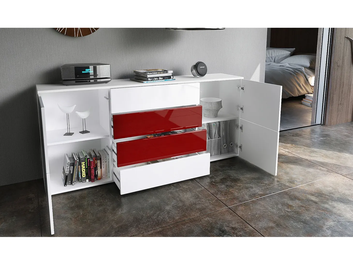 Vladon Cajonera Rova, Cómoda con 4 Puertas y 4 cajones, Blanco mate/Blanco de alto brillo (166 x 72 x 35 cm)